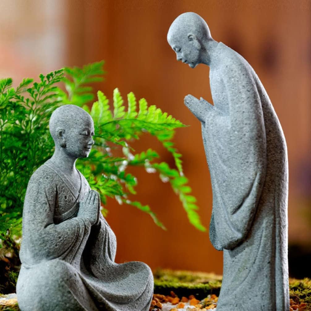 Happyyami Bonsái – 2 figuras de monje de piedra, estatuas de Buda zen, esculturas de monje de pie para paisaje al aire libre, decoración de jardín,