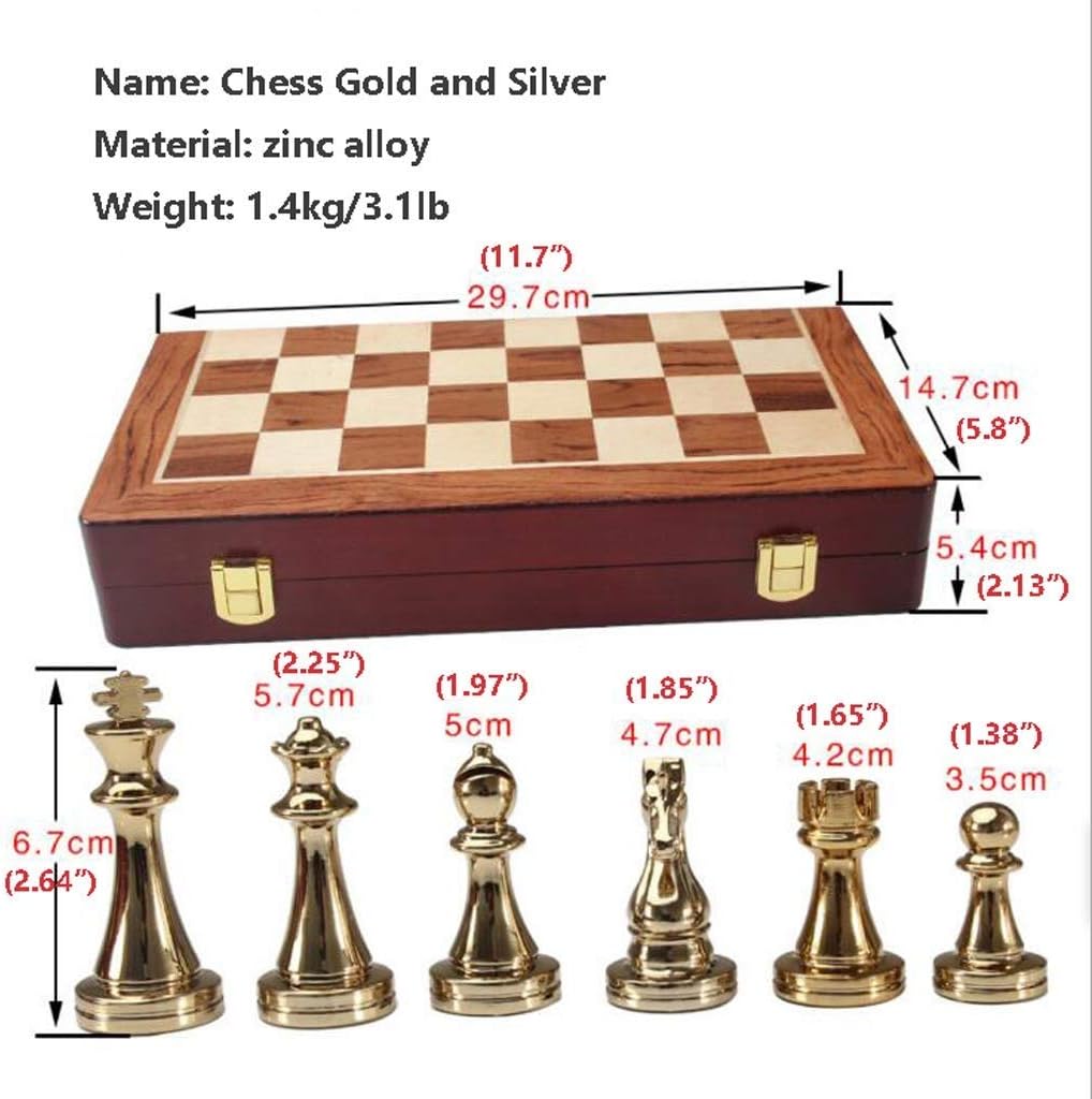 ROLTIN Juego de ajedrez de regalo de metal brillante dorado y plateado Piezas de ajedrez de madera maciza Plegable Tablero de ajedrez profesional de