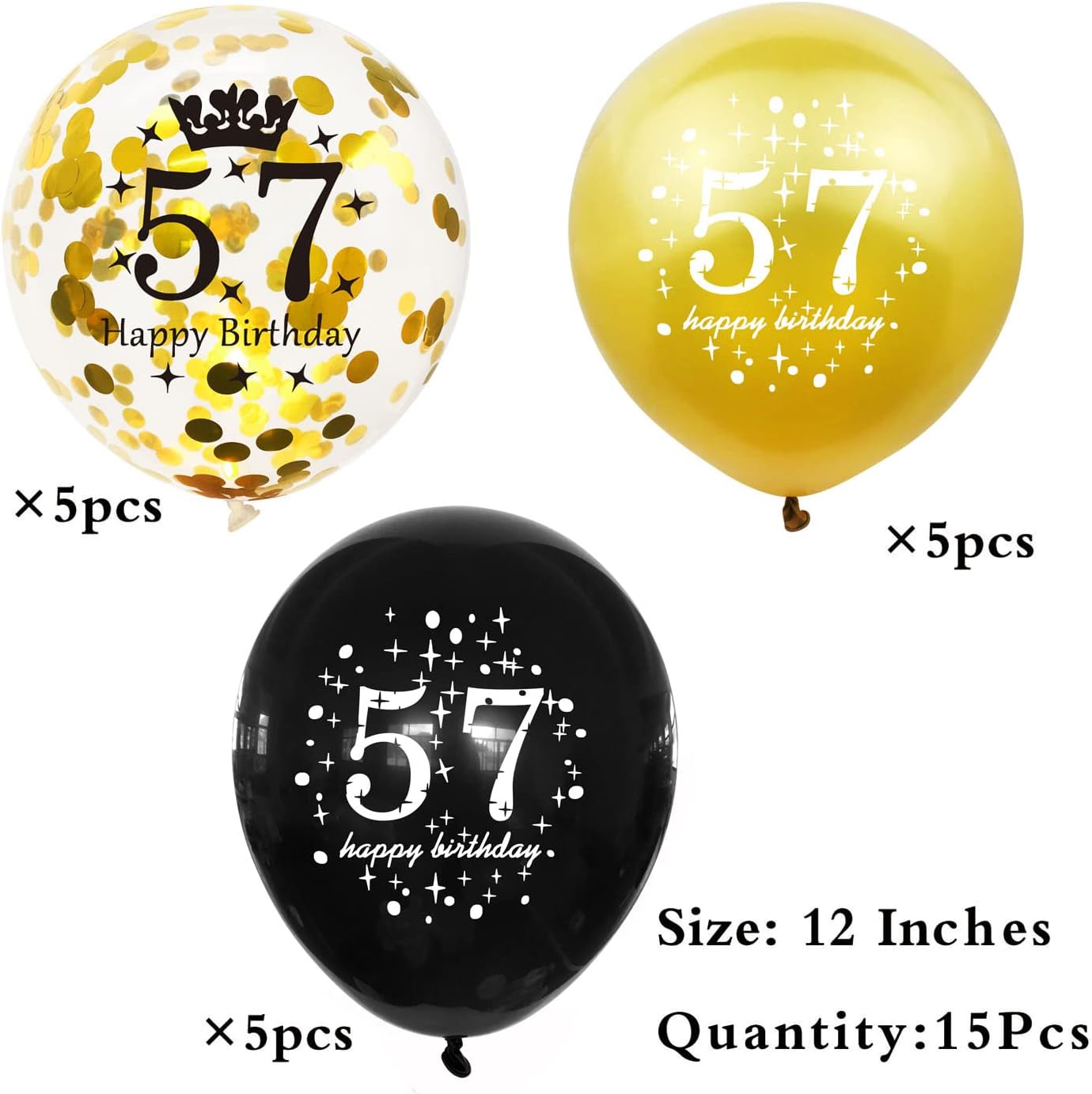 SHUNTAI Globo de cumpleaños número 57 dorado y negro, decoraciones de cumpleaños 57 para hombres y mujeres, globos de látex con confeti de 57 años,