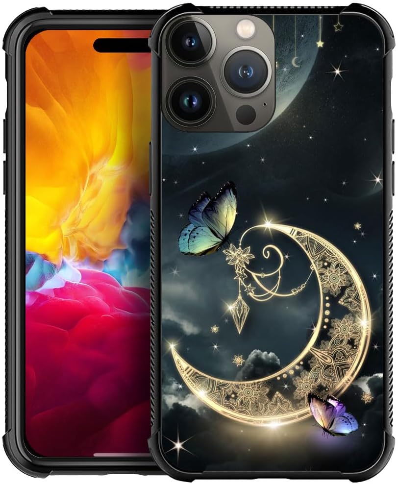 DAIZAG Funda compatible con iPhone 15 Plus, funda de poliuretano termoplástico (TPU) de fantasía retro dorada con luna estrellada y mariposa para