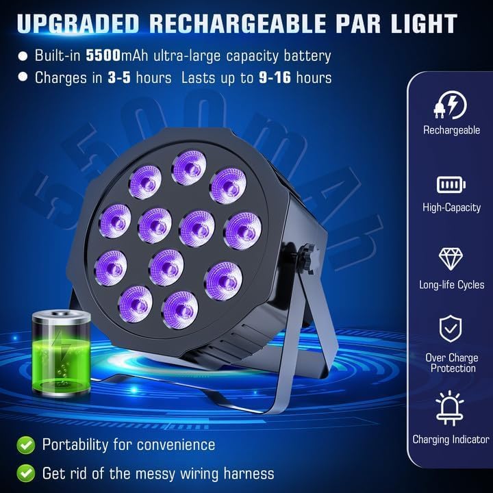 Luces Par recargables RGBWA+UV 6 en 1, luces LED de escenario alimentadas por batería, luces HOLDLAMP DJ activadas por sonido con control remoto y