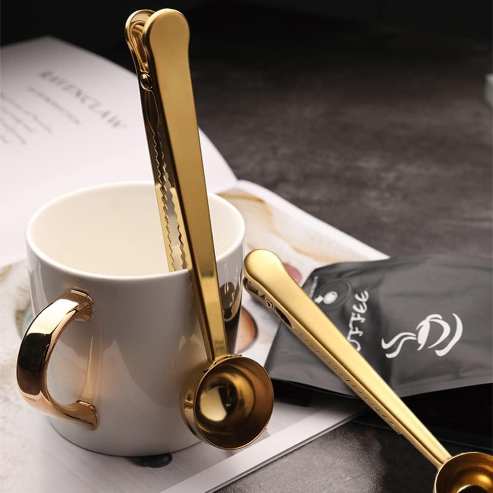 Clip de cuchara de café, cucharada de acero inoxidable, cuchara medidora de café, clip de bolsa de sellado para té, café (dorado)