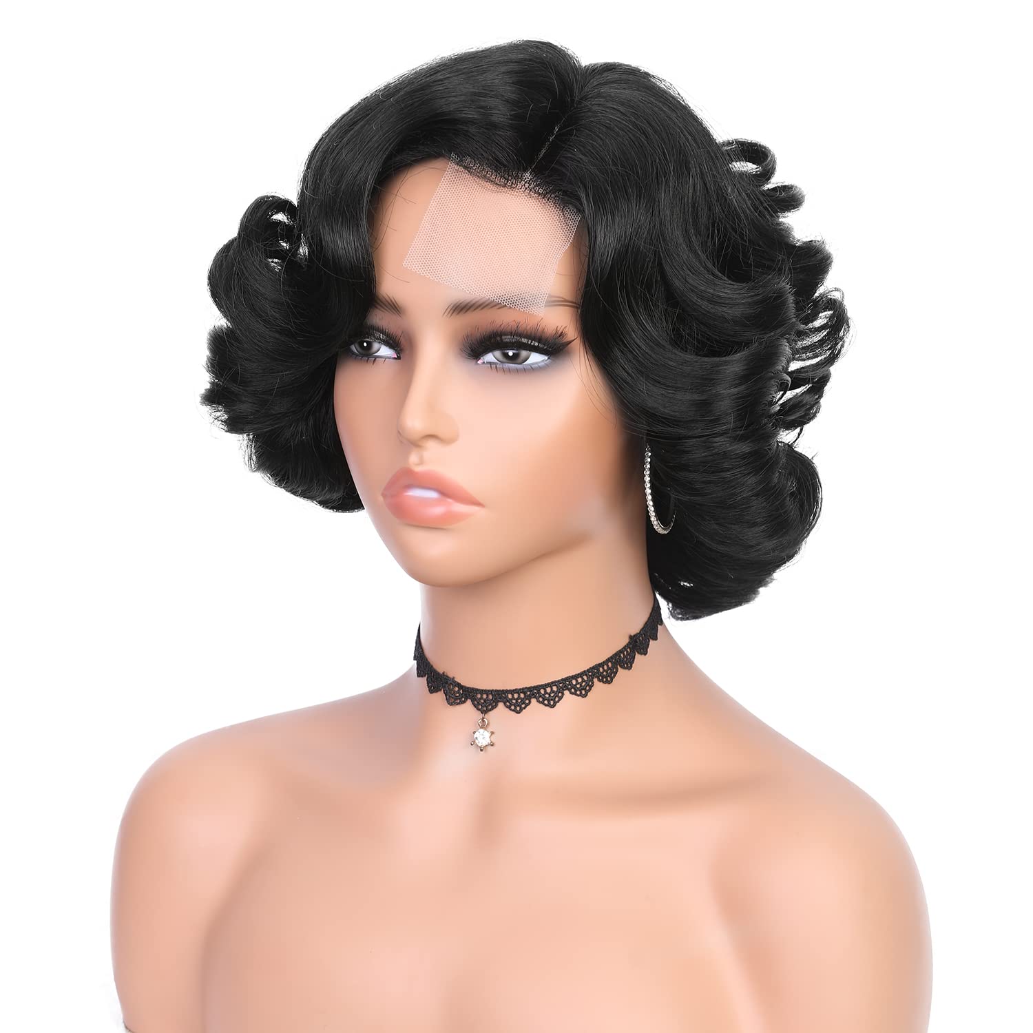 Quantum Love Pelucas cortas y rizadas estilo Bob, peluca de raya lateral suelta para mujeres negras, peluca sintética corta ondulada (10 pulgadas)