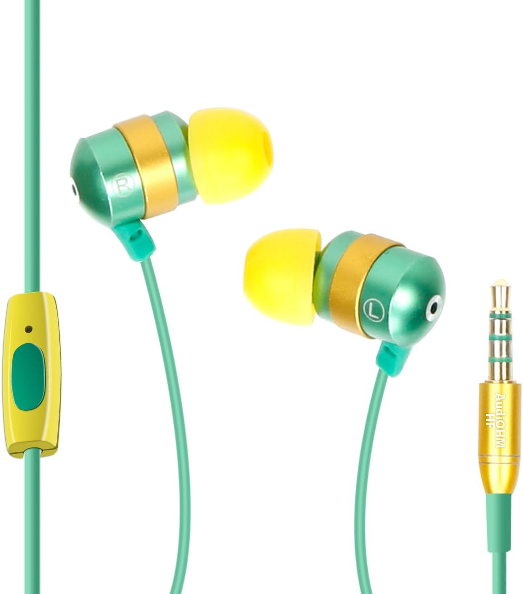 GOgroove AudiOHM – Auriculares HF con micrófono, graves profundos y cómodos geles de oído (verde y dorado), auriculares intrauditivos con diseño de
