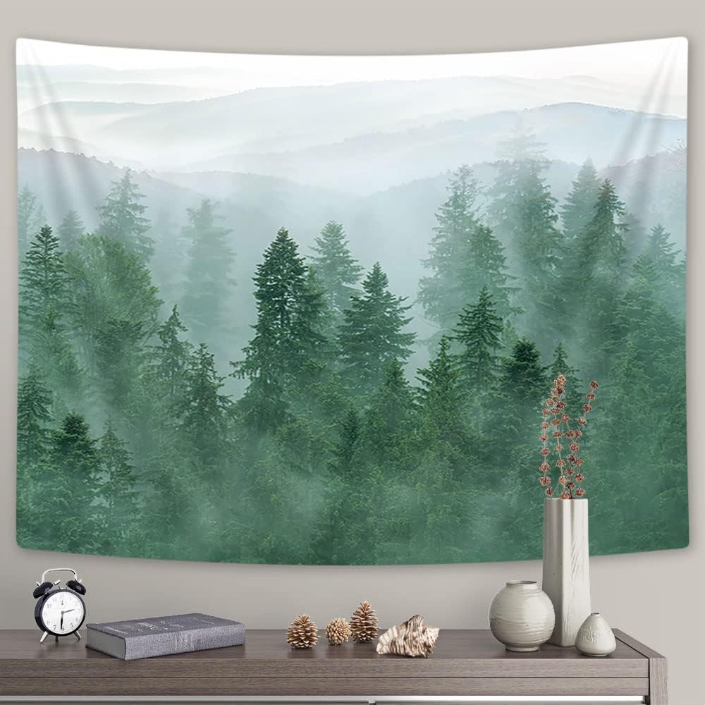Boziqr Tapiz de bosque verde con árbol brumoso de montaña, tapiz de pared para sala de estar, dormitorio, 60 x 40 pulgadas