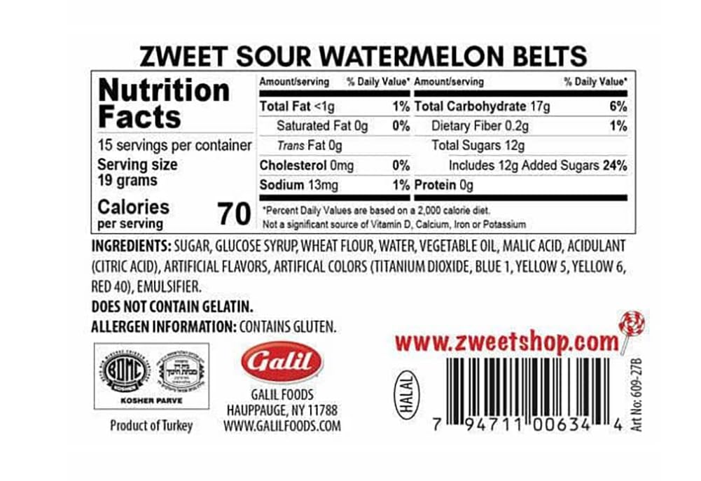 Zweet Cinturones de caramelo de melón agrio de 10 onzas  Caramelo Kosher agrio, cinturones de caramelo halal  Paquete resellable de cinturones de