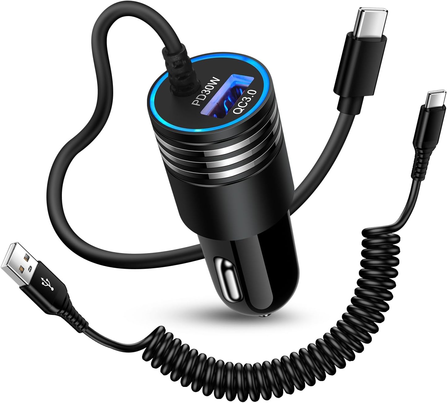 Cargador de coche Android Auto de 48 W, cable USB C retráctil para teléfono rápido, cable de carga en espiral tipo C de 3 pies y 6 pies para Samsung