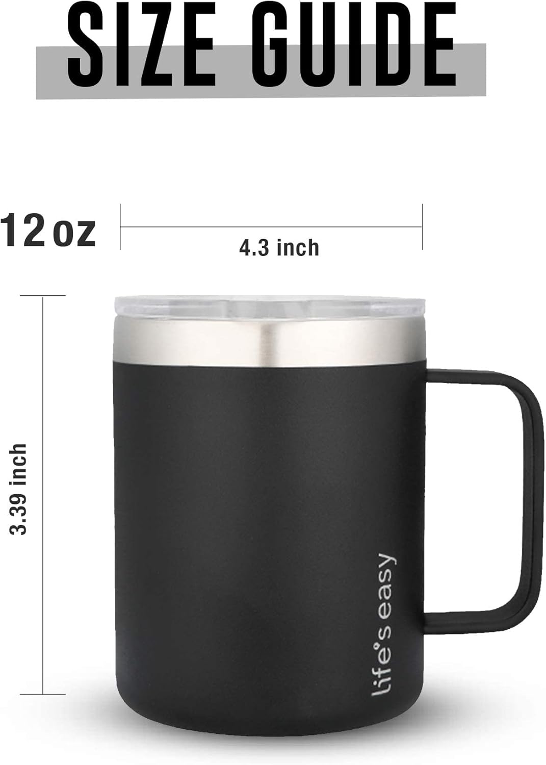 Life’s Easy Taza de acero inoxidable de 12 onzas con asa, vaso de viaje aislado de doble pared con tapa abatible, taza térmica para café, agua,