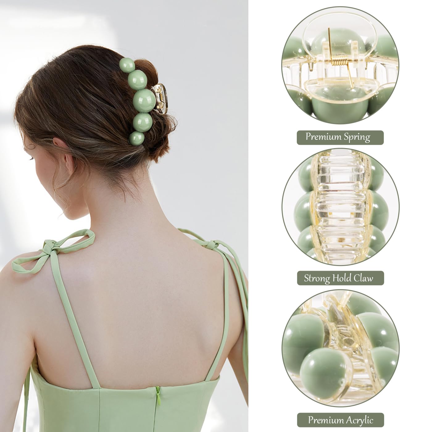 3 pinzas para el cabello con perlas verdes, pinzas de resina acrílica, lindas pinzas para el cabello medianas y pequeñas, pinzas antideslizantes