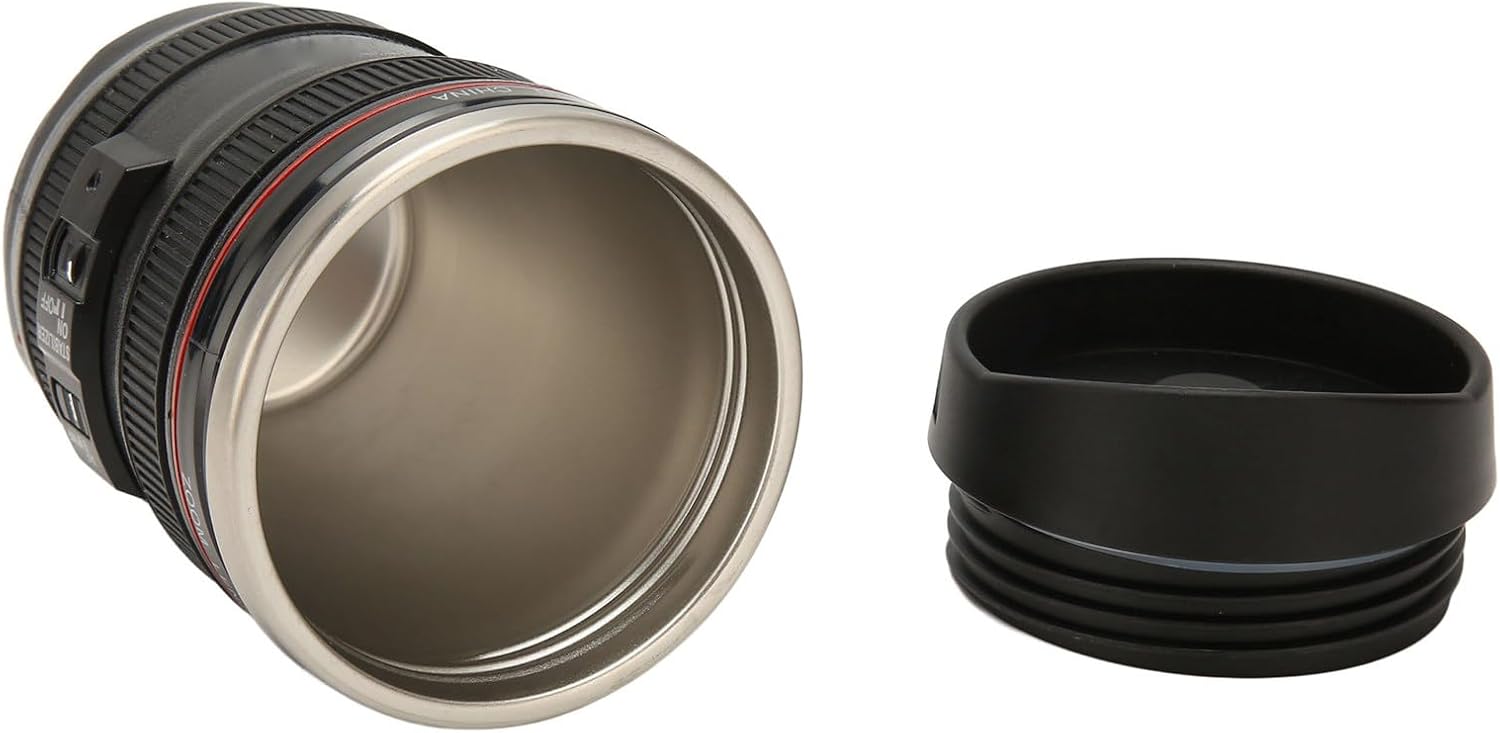 Taza de café con lente de cámara, taza de café de acero inoxidable para fotógrafo, taza de café de viaje con tapa, forro interior de acero