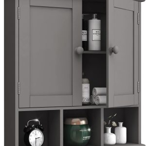 TaoHFE Armario de baño gris, gabinete de pared de baño con estantes ajustables de 2 puertas, armario de almacenamiento sobre el inodoro, armario de TaoHFE Armario de baño gris, gabinete de pared de baño con estantes ajustables de 2 puertas, armario de almacenamiento sobre el inodoro, armario de