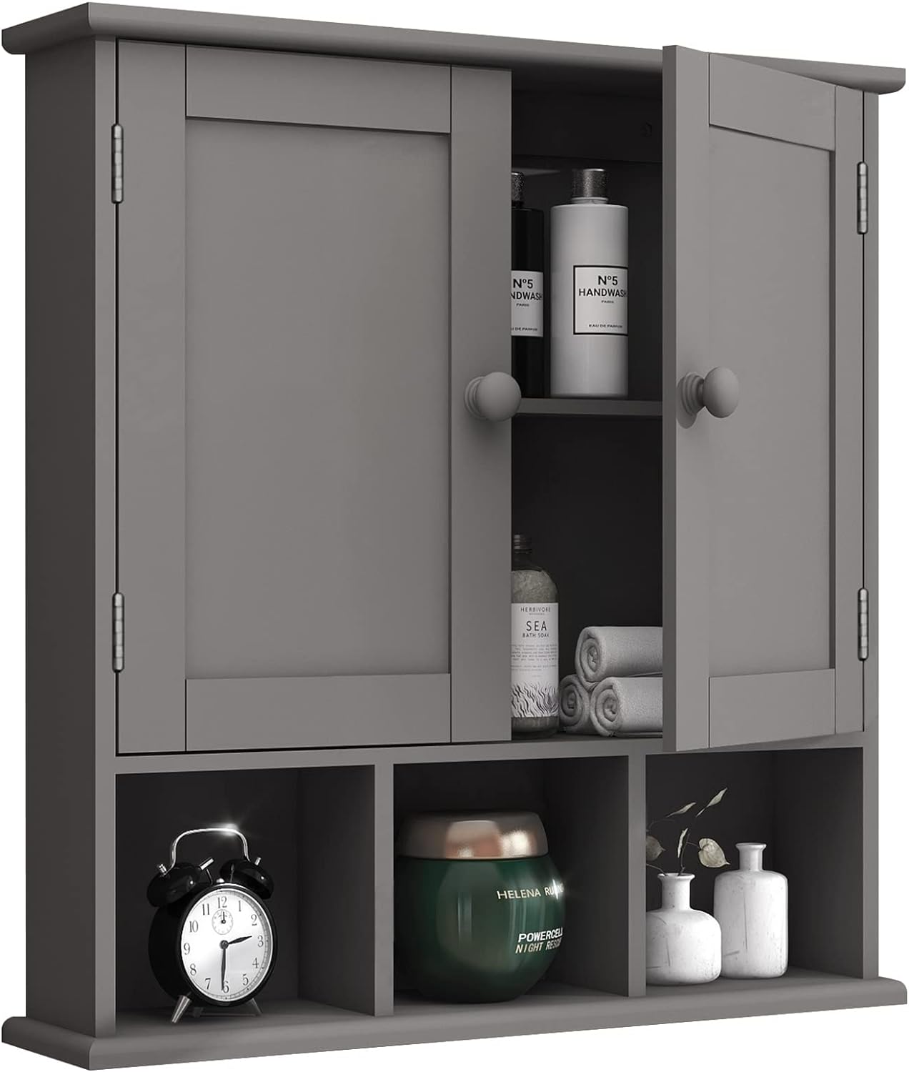 TaoHFE Armario de baño gris, gabinete de pared de baño con estantes ajustables de 2 puertas, armario de almacenamiento sobre el inodoro, armario de