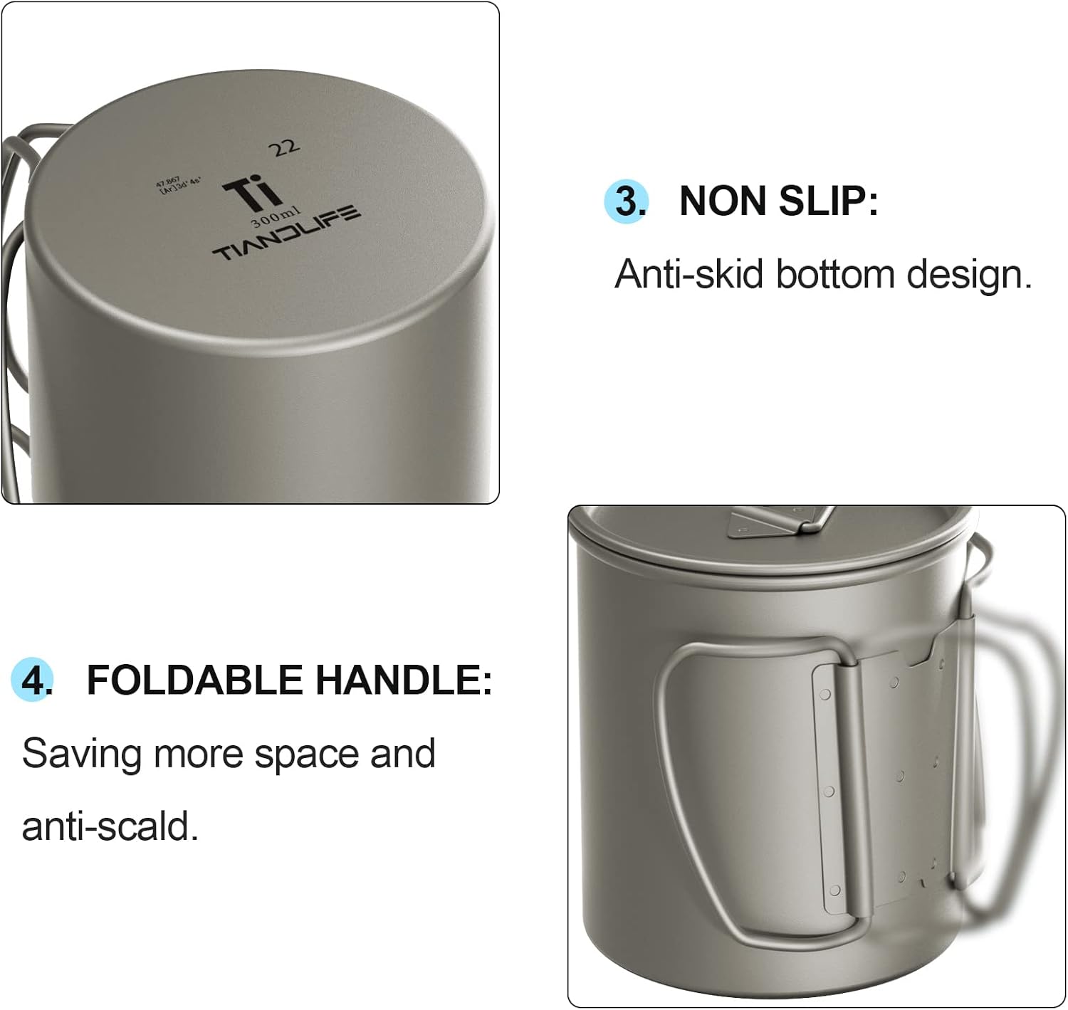 Taza de titanio de 25 oz con tapa y mango plegable, taza de café de titanio para senderismo, viajes, mochileros, fuego abierto