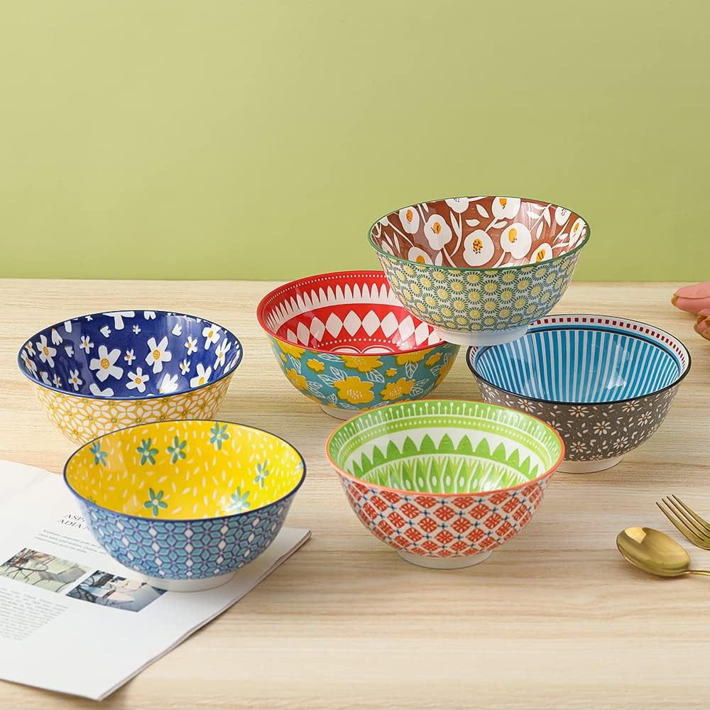 Juego de cuencos de porcelana para cereales, cuencos de cerámica para cocina, de 23 onzas, 6 juegos de cuencos coloridos con patrones lindos –