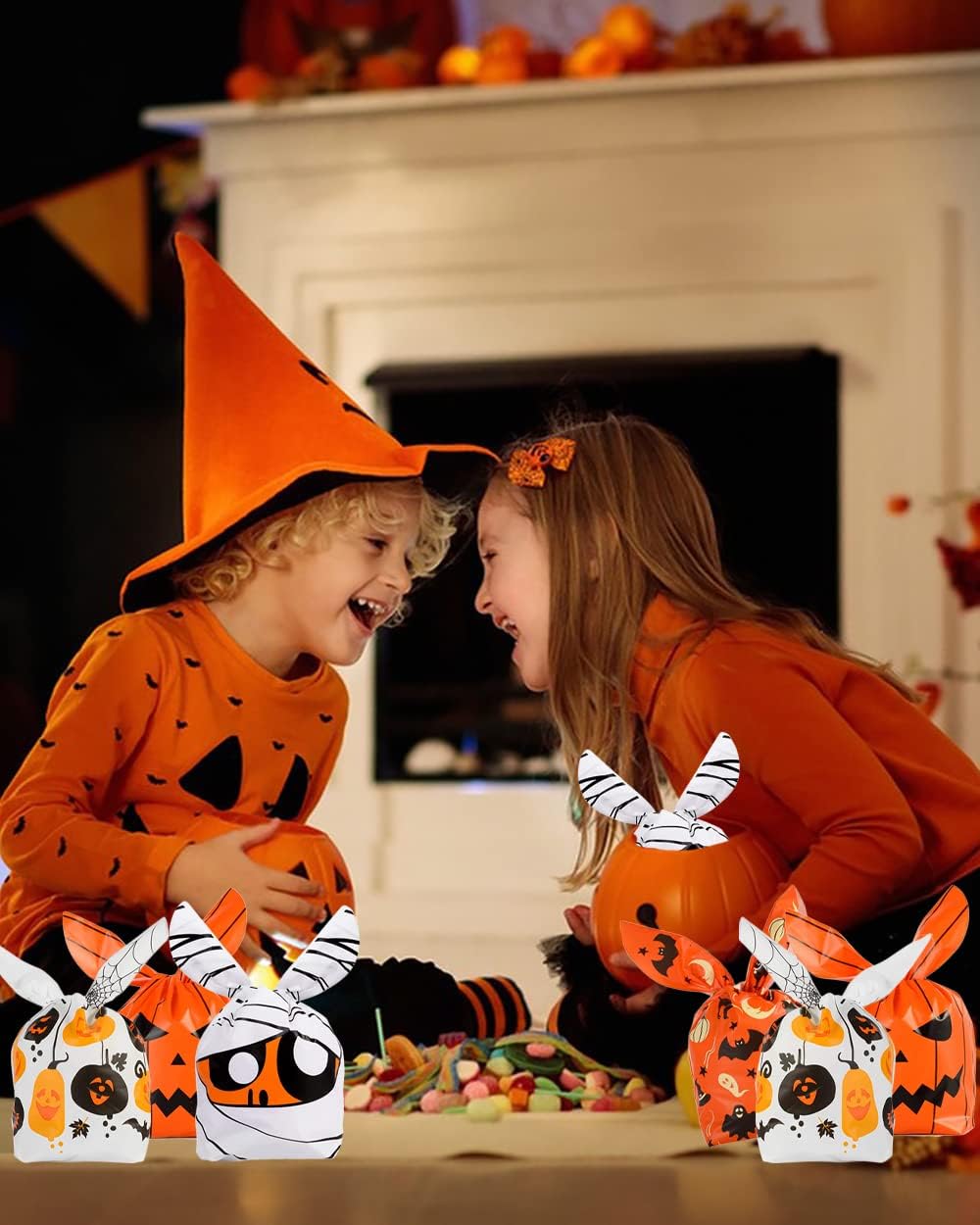 Weenkilly 100 bolsas de golosinas de Halloween, 4 estilos de bolsas de dulces, bolsas de golosinas para niños, lindas bolsas de plástico con orejas