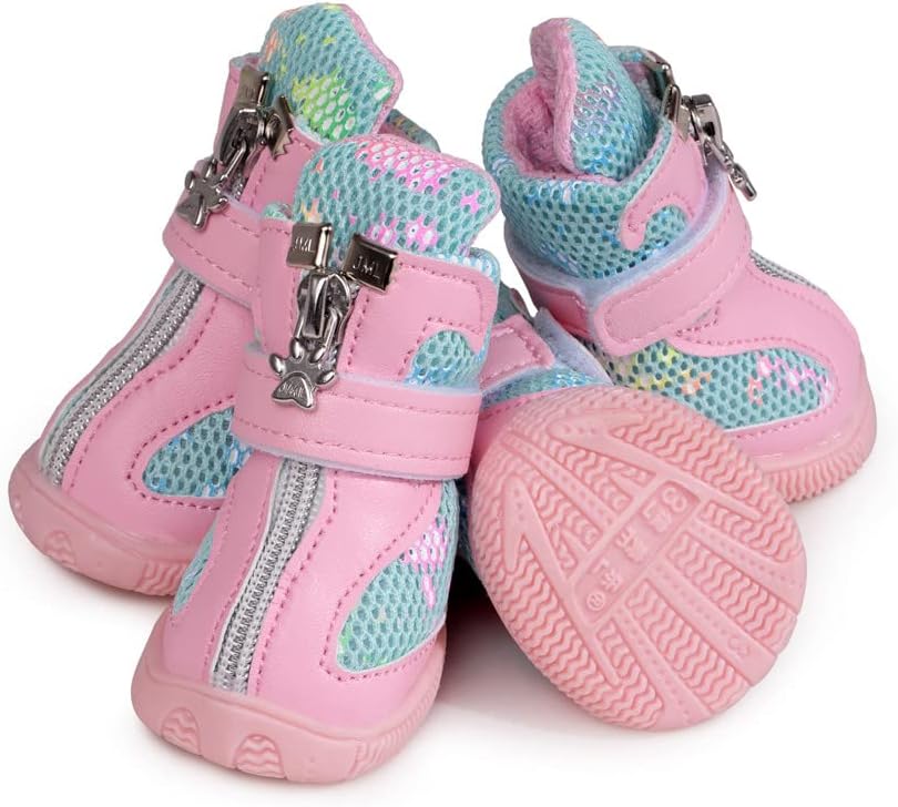 Hdwk&Hped Botas para perros pequeños, zapatos de verano de malla transpirable, elegantes botines de poliuretano rosa con suela de goma
