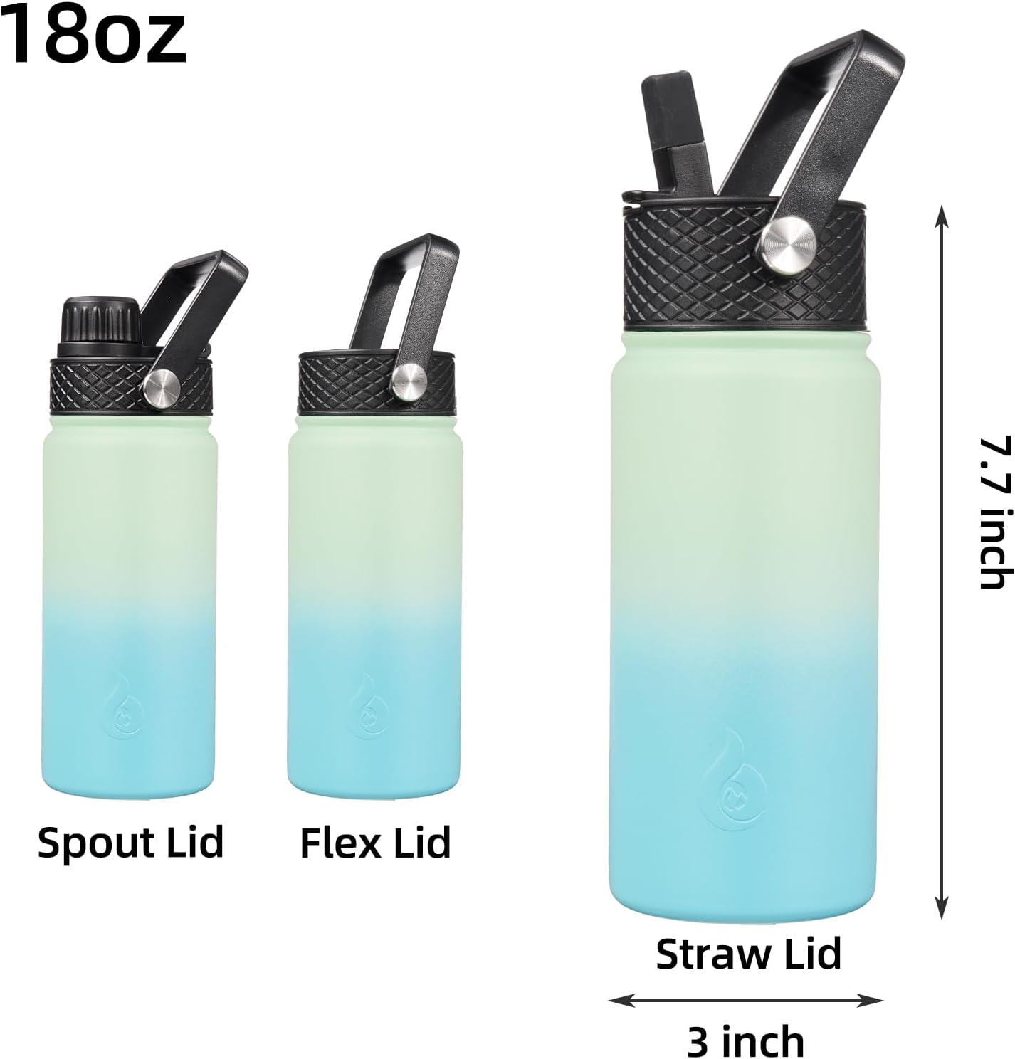 BJPKPK Botellas de agua con aislamiento y tapa con popote de 18 fl oz, de acero inoxidable, para agua fría o caliente, con 3 tapas, sin fugas ni