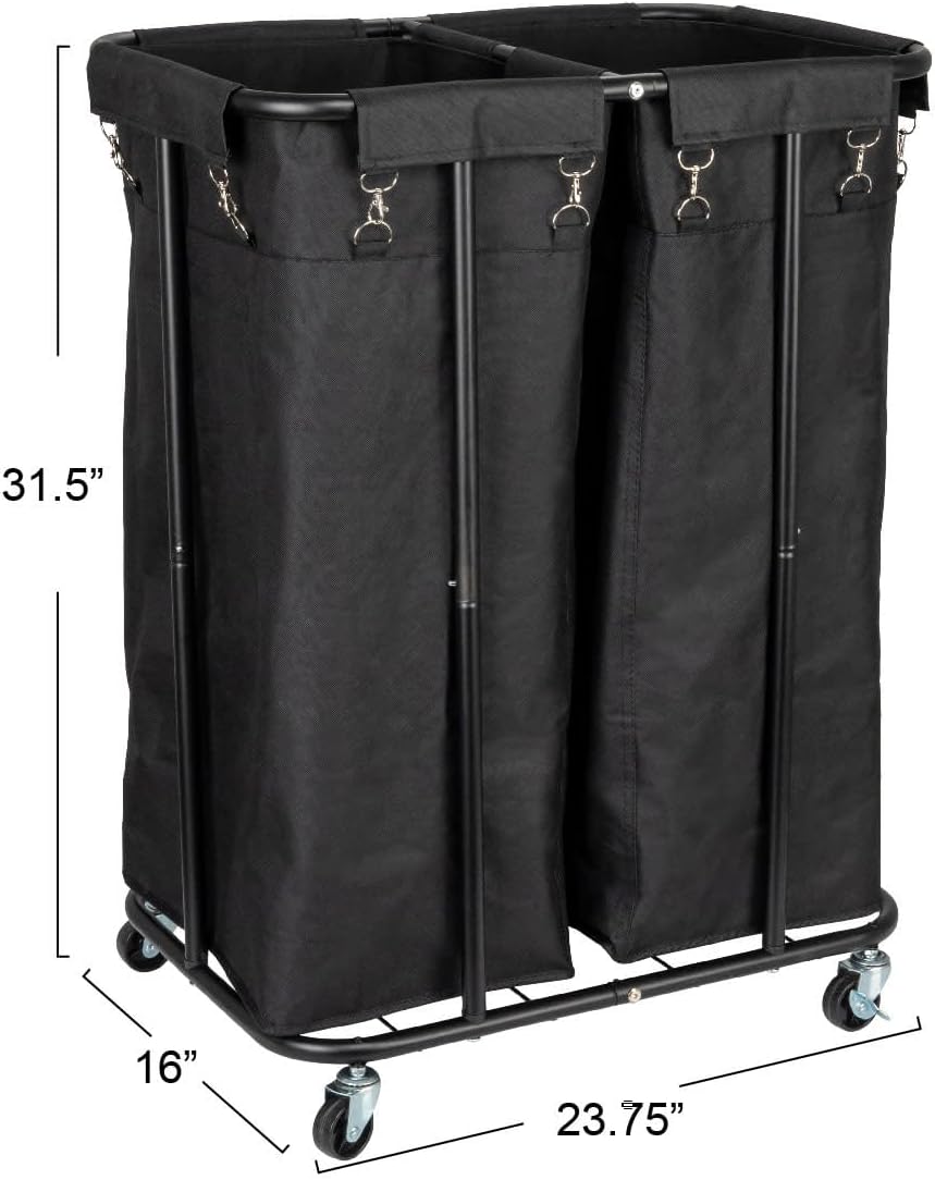 Household Essentials Clasificador de ropa rodante de 2 bolsas, color negro