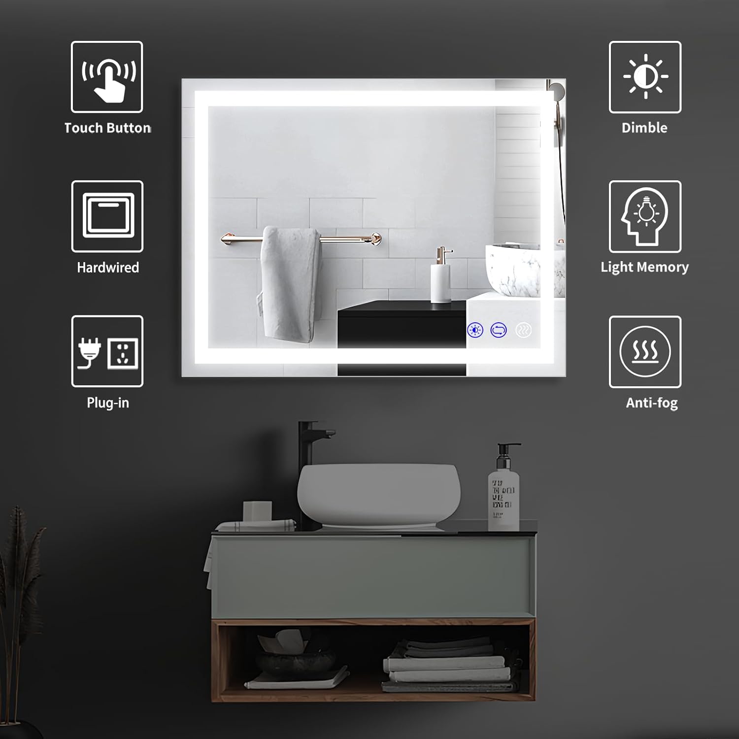 Espejo de baño LED, 32 x 24 pulgadas, espejo de tocador de baño iluminado frontal con luces, espejo de pared regulable continuo, iluminación de 3