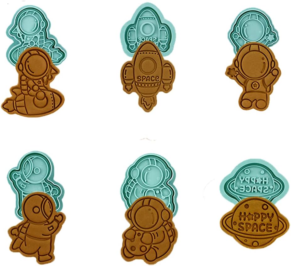 Astronaut – Juego de cortadores de galletas 3D con sellos de émbolo, 6 piezas de cortadores de galletas prensables de dibujos animados con forma