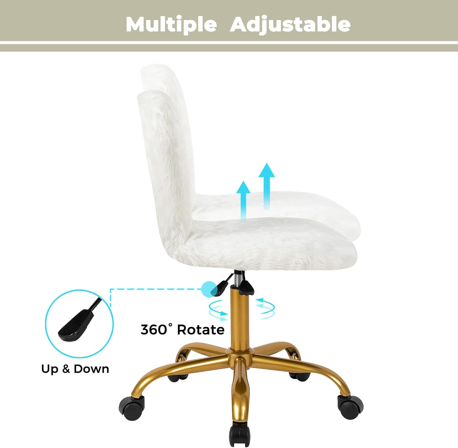 GIA Silla giratoria ajustable de respaldo medio con piel sintética, tamaño de asiento mejorado para adultos, color blanco