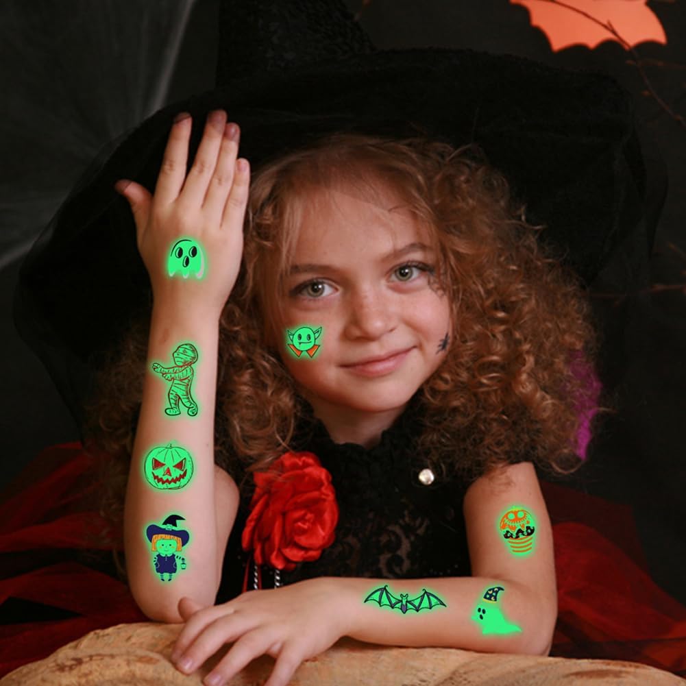 300 tatuajes temporales de Halloween para niños que brillan en la oscuridad, tatuajes falsos estilo Halloween 2023 calcomanías para niños y niñas,