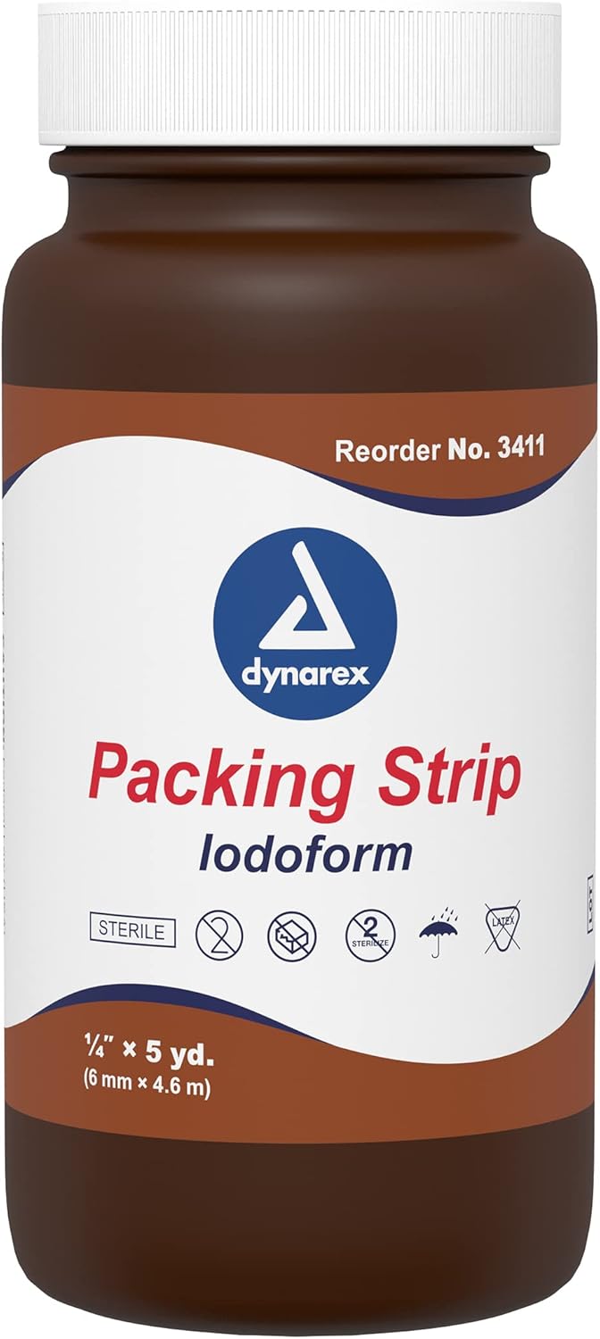Dynarex 3411 Tira de embalaje lisa, cuidado de heridas estéril, tira de embalaje tejida 100% algodón, con yodoformo, suave y absorbente, 14 pulgadas