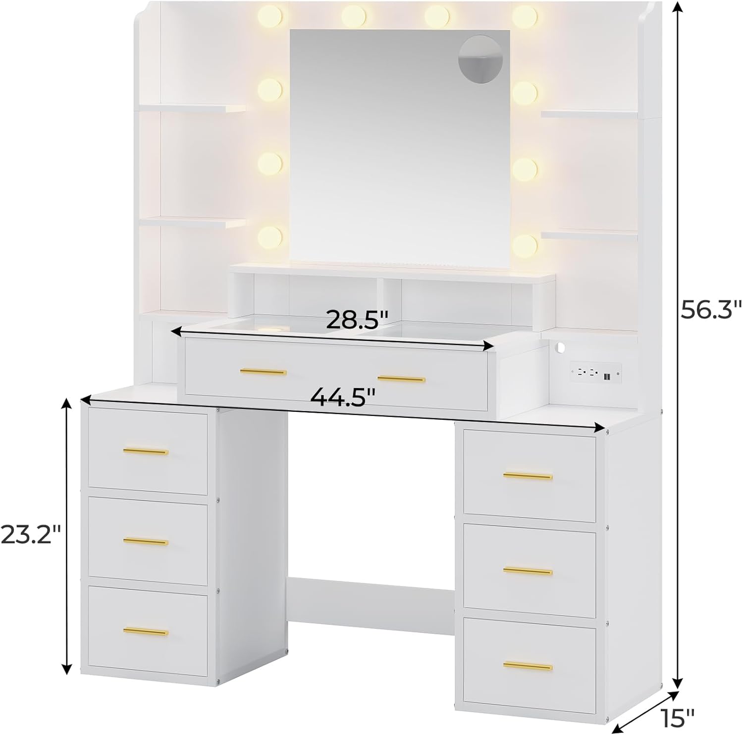 BTHFST Escritorio de tocador de cristal con espejo y luces, tocador de maquillaje con luces, estación de carga y espejo de aumento de 10x, mesa de