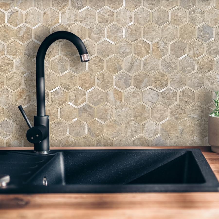 DICOFUN Azulejos hexagonales para salpicaduras, aspecto de piedra arenisca con azulejos de pared dorados claros para cocina, 1 unidad