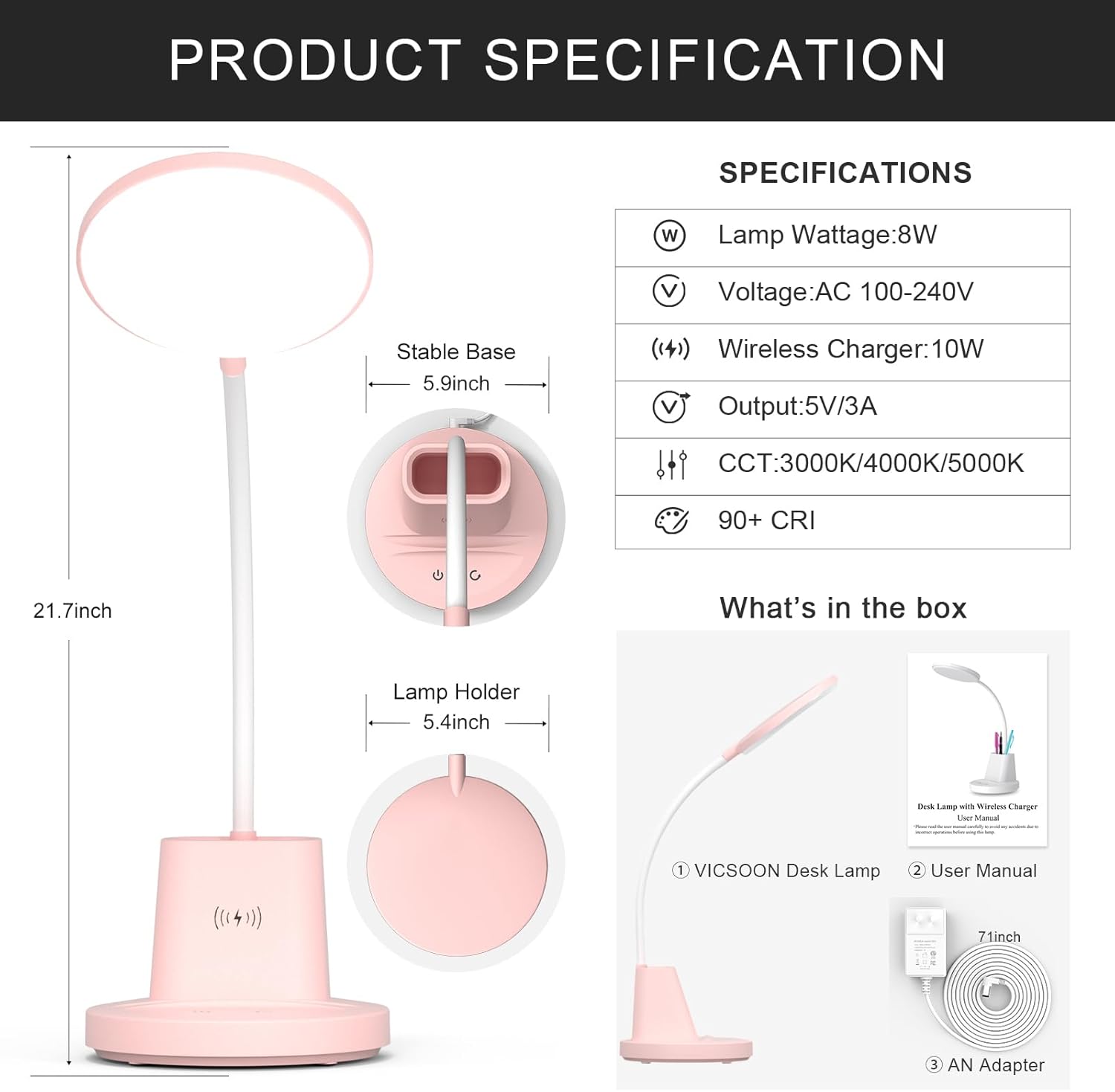 Lámpara LED de escritorio con cargador inalámbrico para oficina en casa, pequeña con soporte para bolígrafo, 800 lúmenes, 3 modos de color, cuello