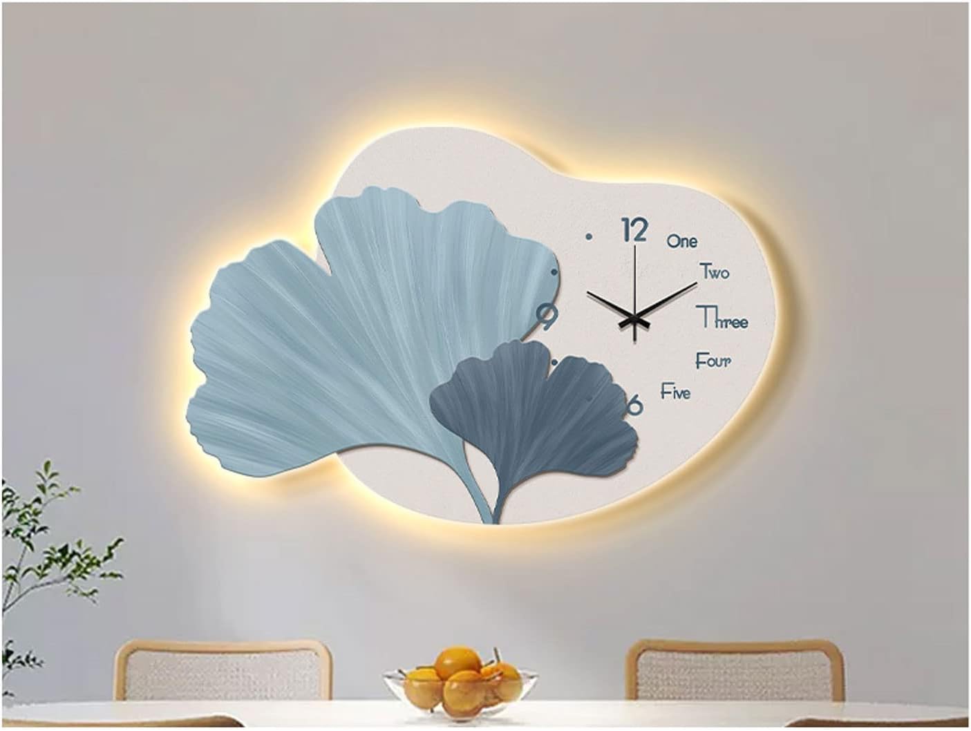 Reloj de pared – Reloj de pared con luz nocturna, silencioso, luminoso, Ginkgo Biloba, arte de pared, pintura decorativa, con control remoto y