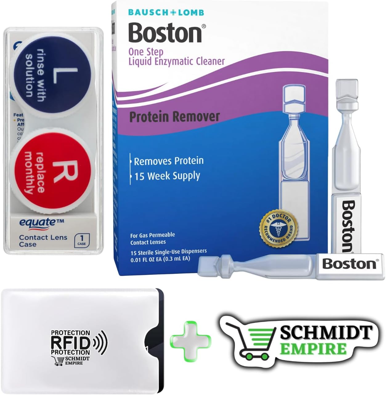 1 limpiador enzimático líquido Boston One Step de Bausch Lomb, 15 dispensadores estériles de un solo uso + 1 funda para lentes de contacto + 1