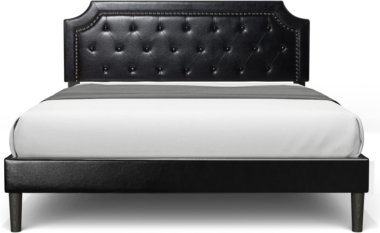 BONSOIR Base de cama tapizada de perfil bajo con cabecera de piel sintética copetuda, no necesita somier, no necesita falda de cama (negro, tamaño