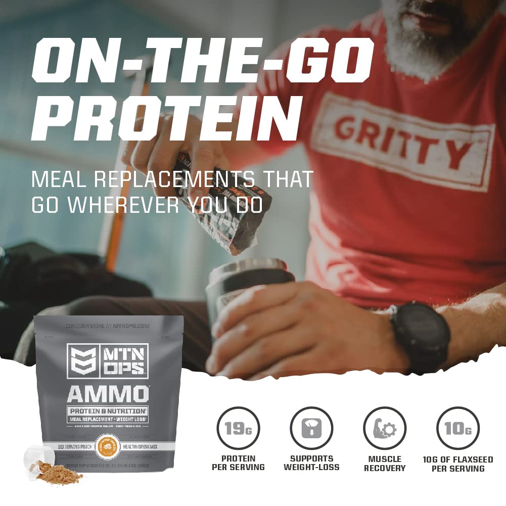 MTN OPS Batido de reemplazo de comida en polvo de proteína de munición para construcción muscular magra, 28 porciones, chocolate con mantequilla de