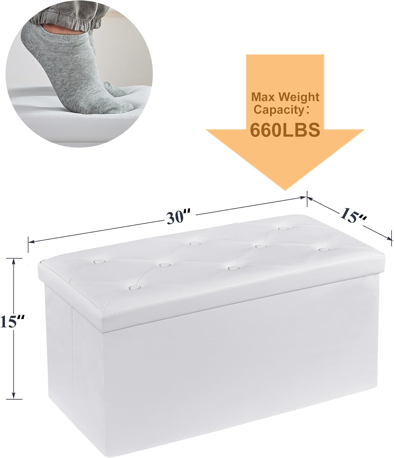 VECELO Banco otomano plegable de almacenamiento de 30 pulgadas, taburete y reposapiés versátil, banco de dormitorio con almacenamiento, baúl de
