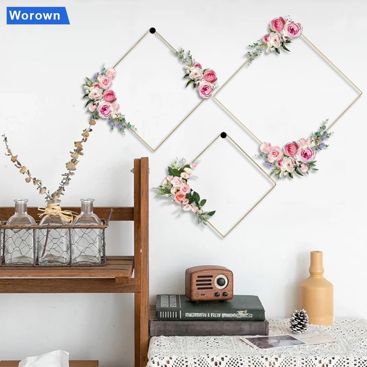 Worown Paquete de 6 coronas cuadradas de metal floral de 12 pulgadas, anillos dorados para atrapasueños para manualidades, corona de Navidad y boda,
