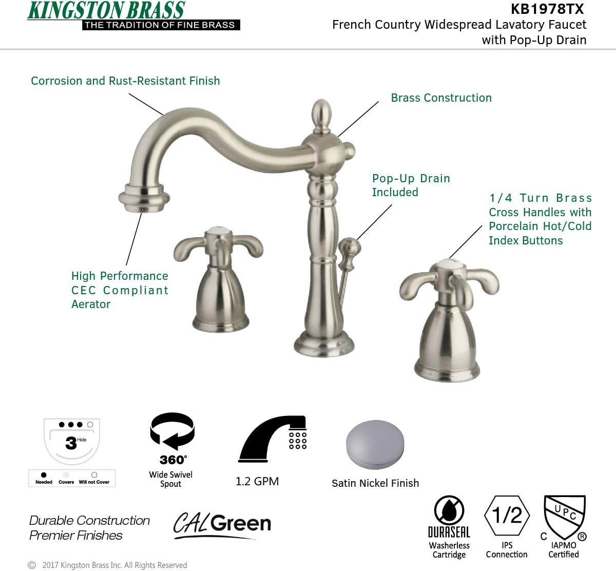 Kingston Brass KB1978TX French Country – Grifo de lavabo generalizado, níquel cepillado, alcance de boquilla de 6-12 pulgadas