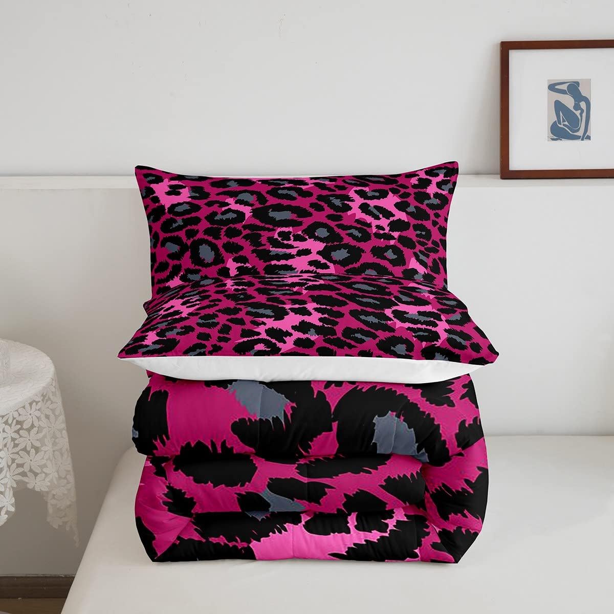 Erosebridal Juego de edredón de safari individual, estampado de leopardo y guepardo sobre edredón de plumón rosa con 1 funda de almohada para niños,