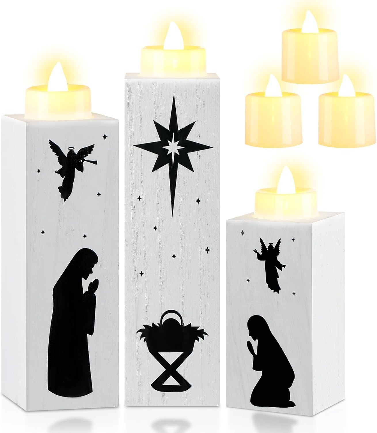 3 portavelas de Navidad con 6 velas de Adviento de Navidad, portavelas sin llama, belén, mesa de madera, centro de mesa, candelabros de Navidad para