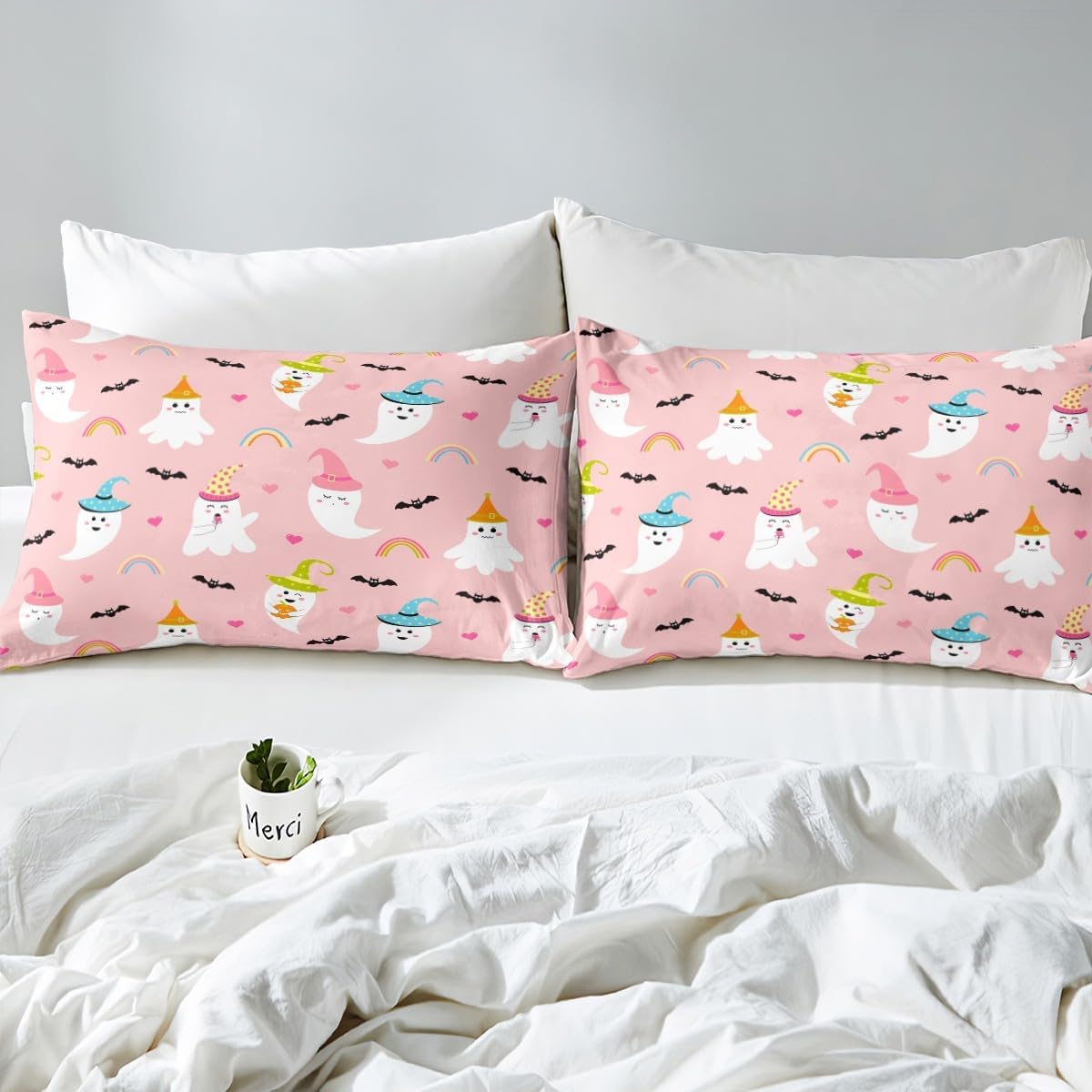 Sábanas de cama tamaño matrimonial, juego de ropa de cama de fantasma de dibujos animados para niños, sábana bajera ajustable de murciélagos de