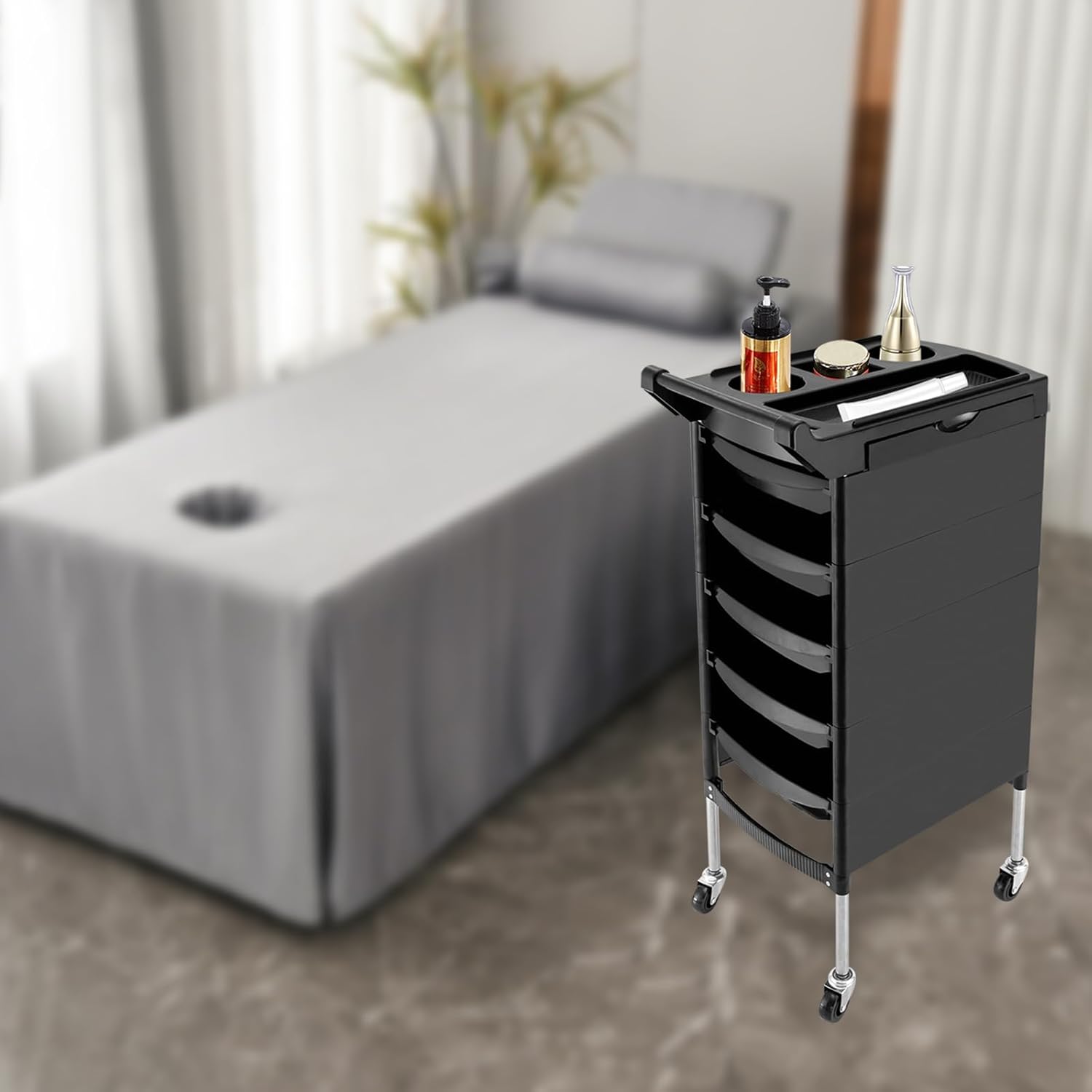 Carrito de salón de belleza de 6 niveles con mango+ruedas rodantes bandeja de almacenamiento con 5 cajones peluquería peluquería herramienta