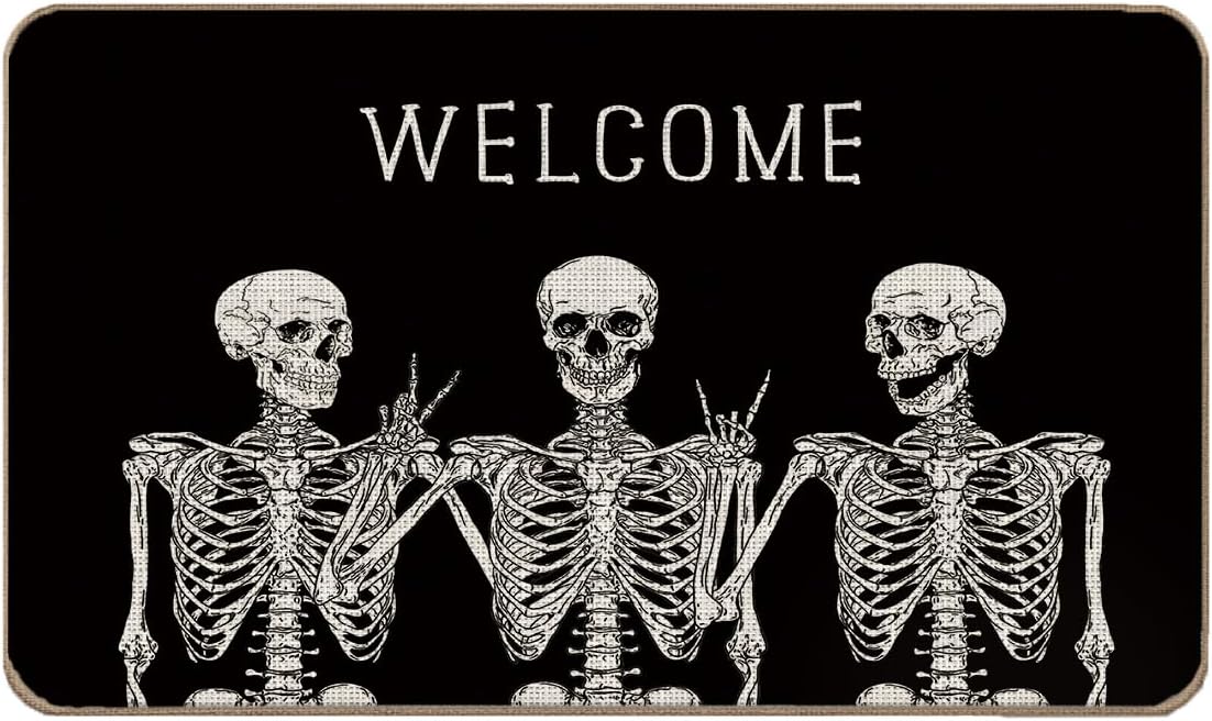 Lacosu Felpudo de Halloween, tapete de bienvenida de Halloween, tapete de calavera de Halloween, tapete de esqueleto para puerta de entrada al aire
