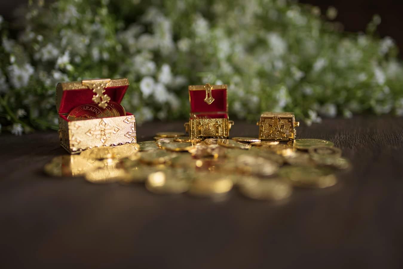 EHV Monedas de unidad de boda de Arras para Boda bañadas en oro con bandeja y caja del tesoro, ceremonia clásica de Arras Matrimoniales, hermoso set