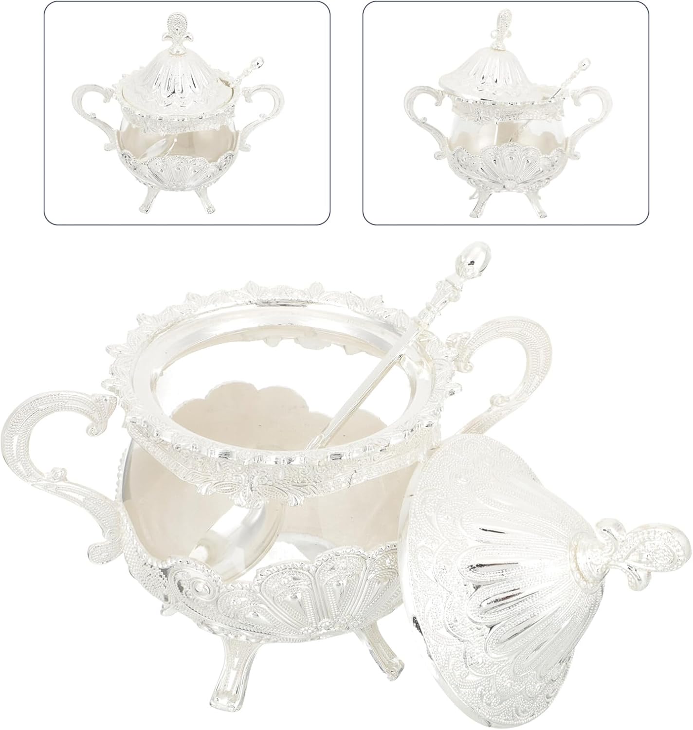 Kichvoe Azucarero dorado con tapa y cuchara, estilo europeo vintage, tarro de condimentos, aleación y vidrio, recipiente de almacenamiento de sal y
