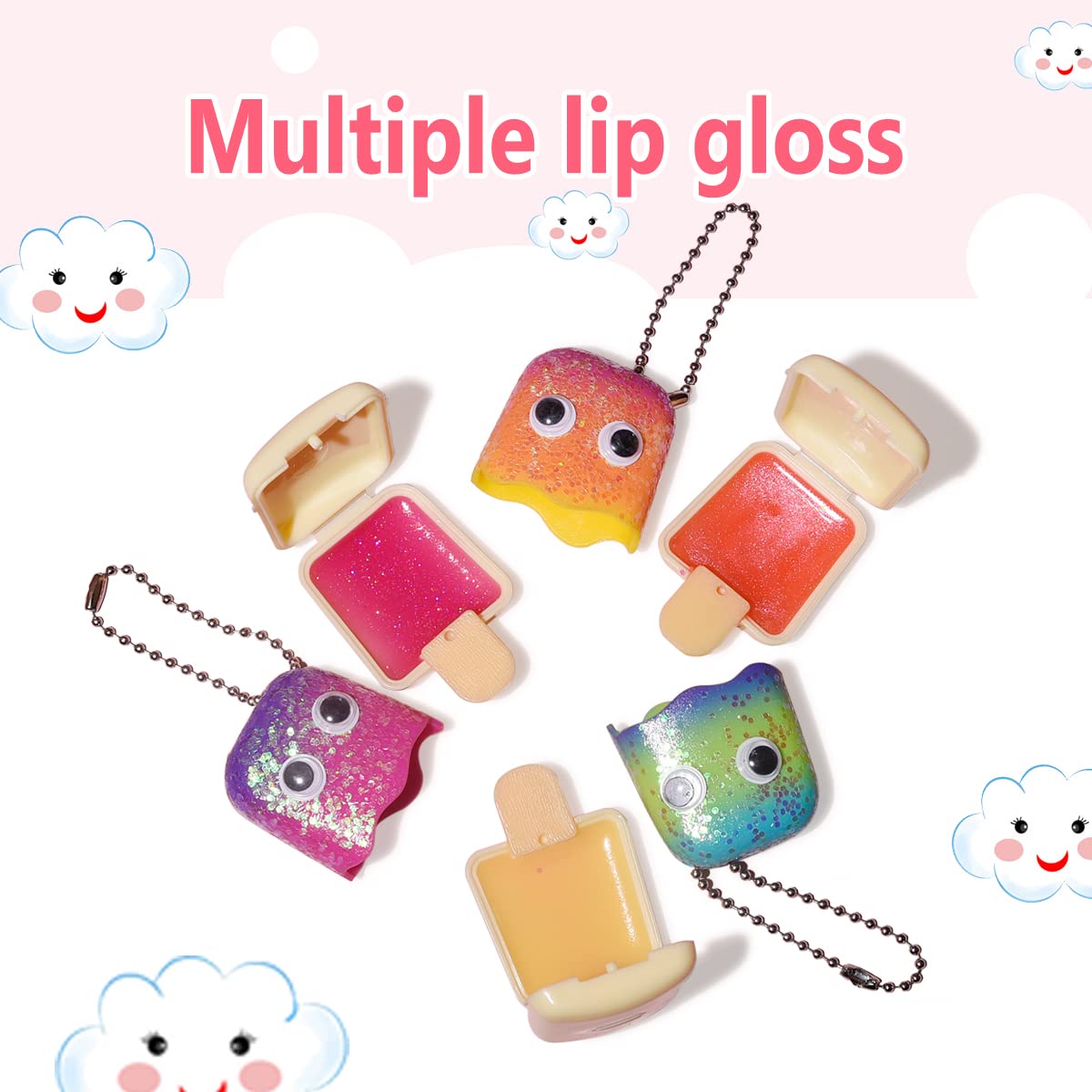 MAKE YOU UP – Juego de 8 brillos de labios con maleta, con forma de paleta con purpurina, sabores afrutados, lápices labiales en maleta realista,