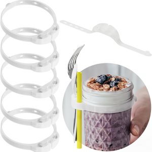 6 tapas para tarros de masón, cuchara y pajilla, anillo ajustable para colgar en recipientes de avena durante la noche, tarro de vidrio redondo y 6 tapas para tarros de masón, cuchara y pajilla, anillo ajustable para colgar en recipientes de avena durante la noche, tarro de vidrio redondo y