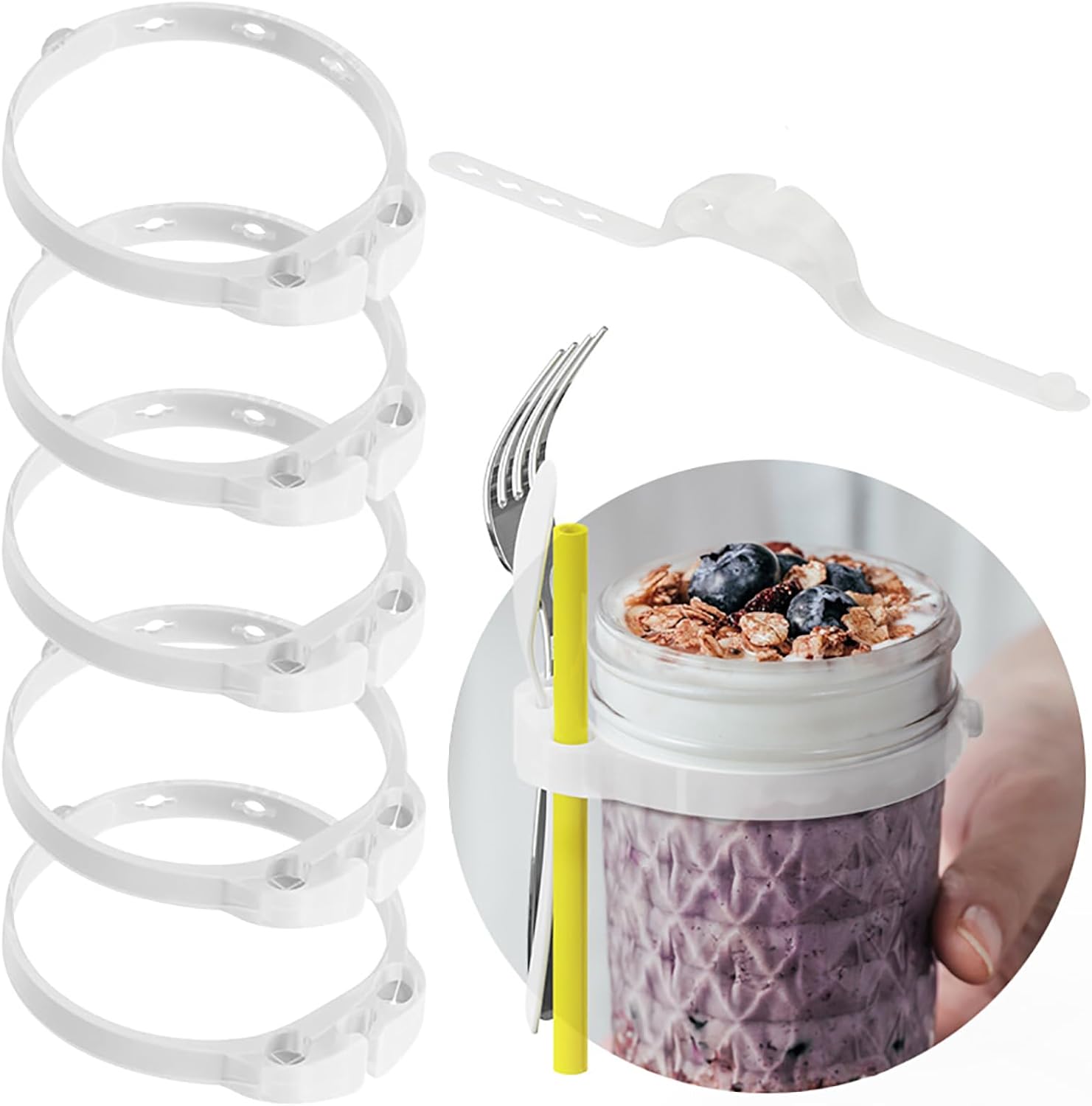 6 tapas para tarros de masón, cuchara y pajilla, anillo ajustable para colgar en recipientes de avena durante la noche, tarro de vidrio redondo y