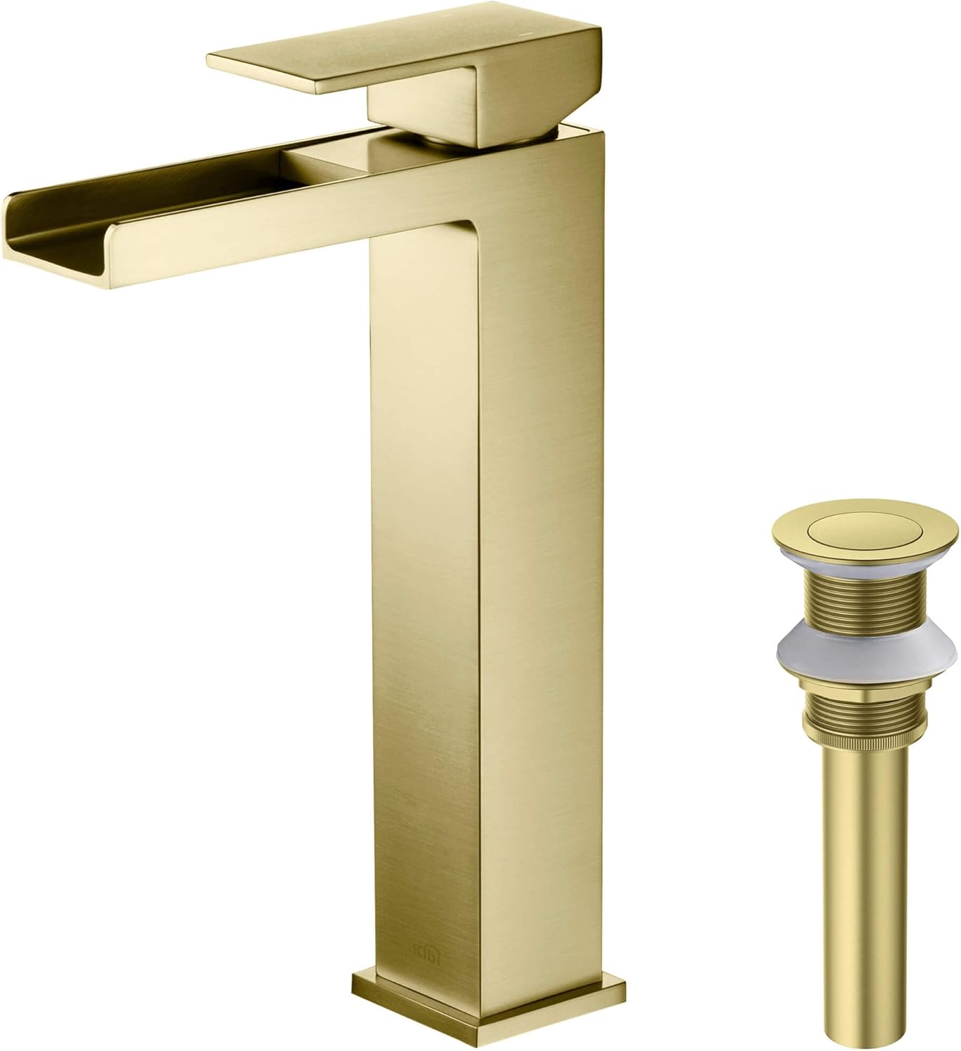 KIBI Grifo de recipiente de una sola manija para lavabo de baño  Caño de latón macizo de arco alto (oro cepillado) (KBF1005) (drenaje desplegable