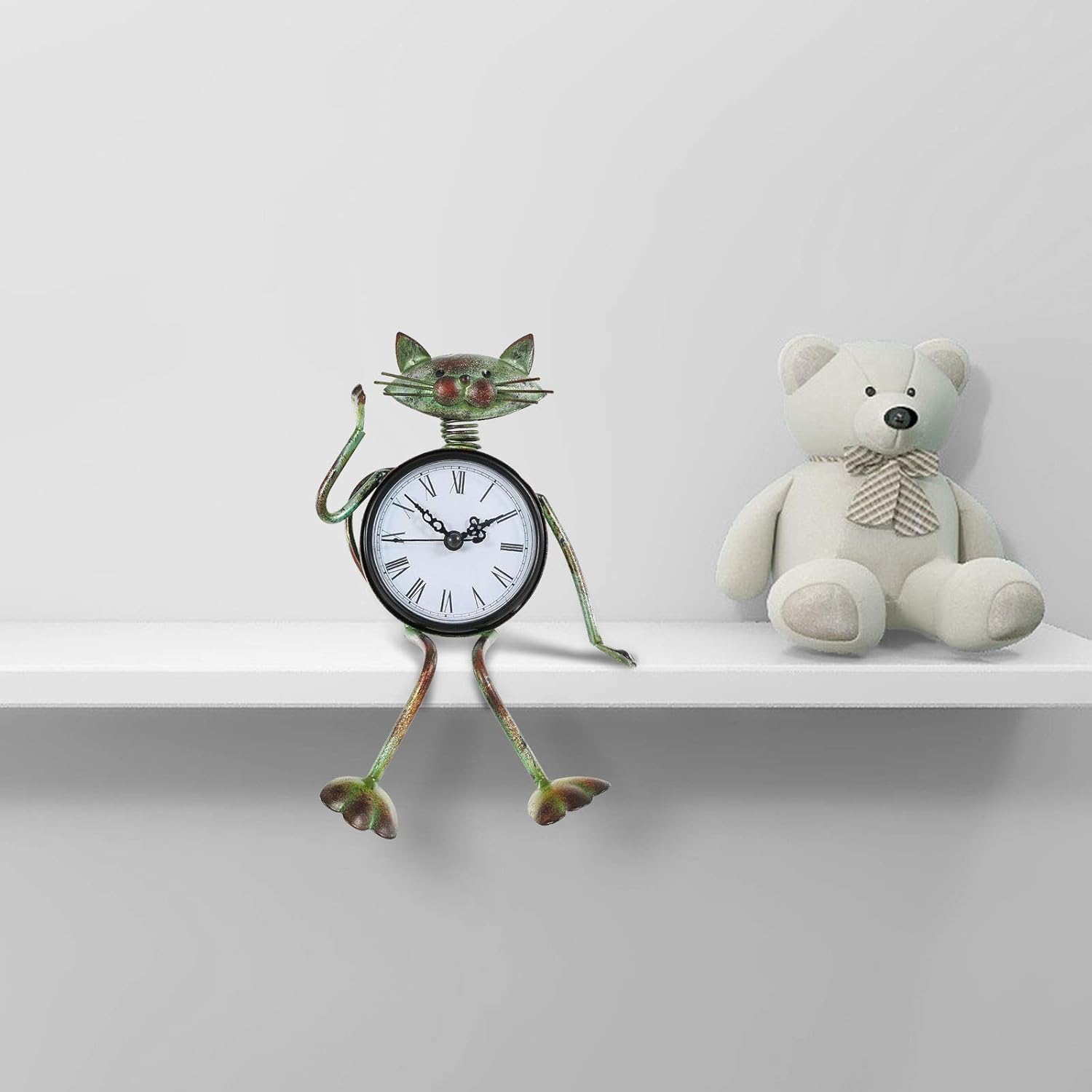 HUIOP Reloj de gato hecho a mano, estilo vintage, de metal, de hierro, estatuilla de gato, reloj de mesa silencioso, práctico reloj con batería AA