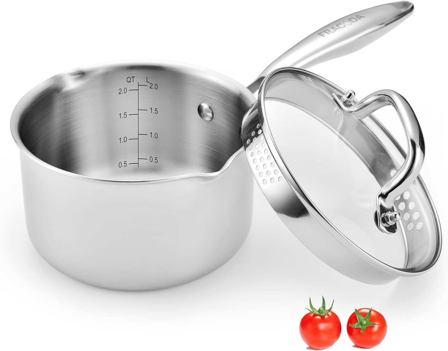 Olla de acero inoxidable de 2.0 cuartos de galón con tapa de colador de vidrio, olla con dos boquillas laterales, olla de cocción de inducción,